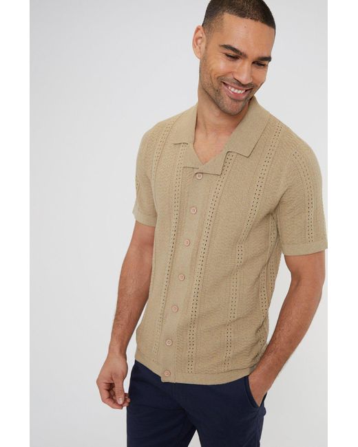 Threadbare Natural 'adlington' Cotton Mix Short Sleeve Textured Knitted Shirt for men