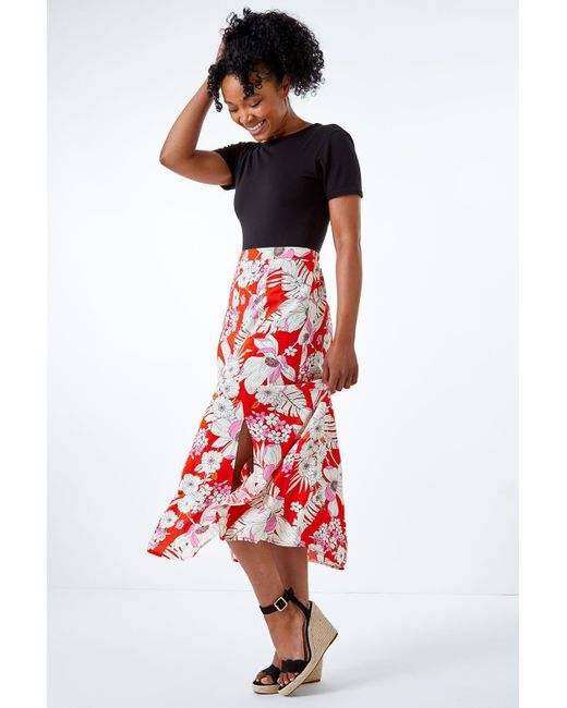 Roman Red Petite Tropical Floral Midi Skirt