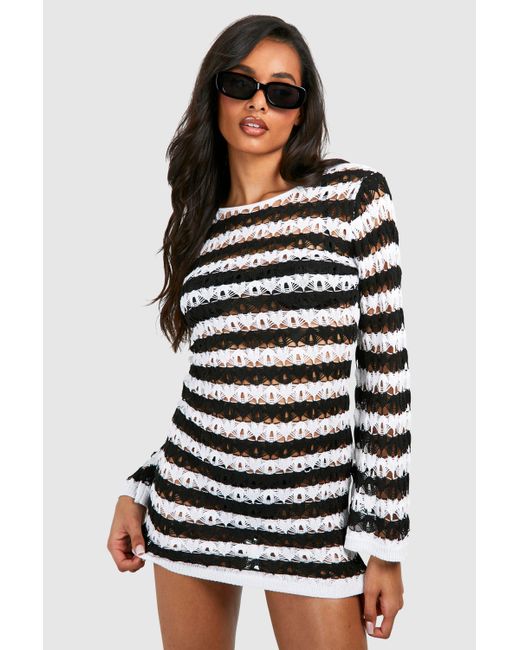 Boohoo White Tall Stripe Crochet Beach Open Back Mini Dress