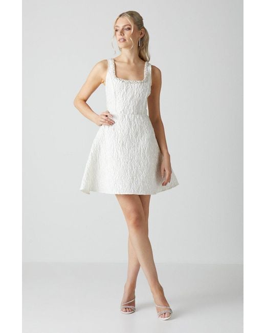 Coast White Jacquard Full Skirted Mini Dress With Jewel Trim