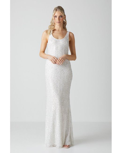 Coast White Embellished Lace Column Maxi Wedding Dress