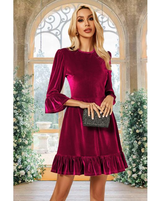 FS Collection Velvet Frill Detail Mini Dress In Violet Red
