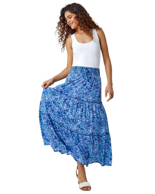 Roman Blue Ditsy Floral Print Tiered Maxi Skirt