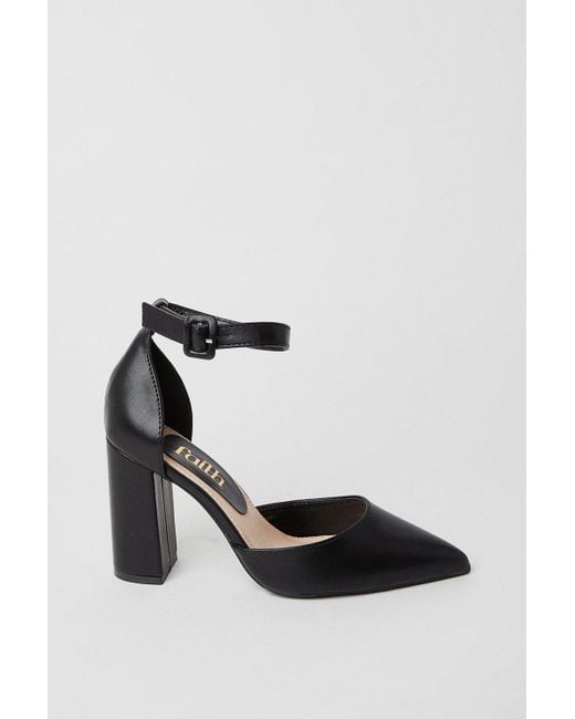 Faith Black : Carmi Ankle Strap High Block Heel Pointed Court Shoes