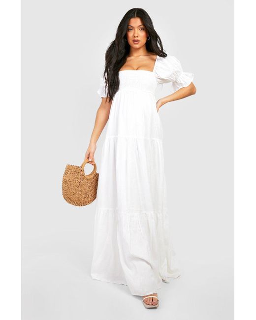 Boohoo White Maternity Linen Shirred Tiered Midi Dress