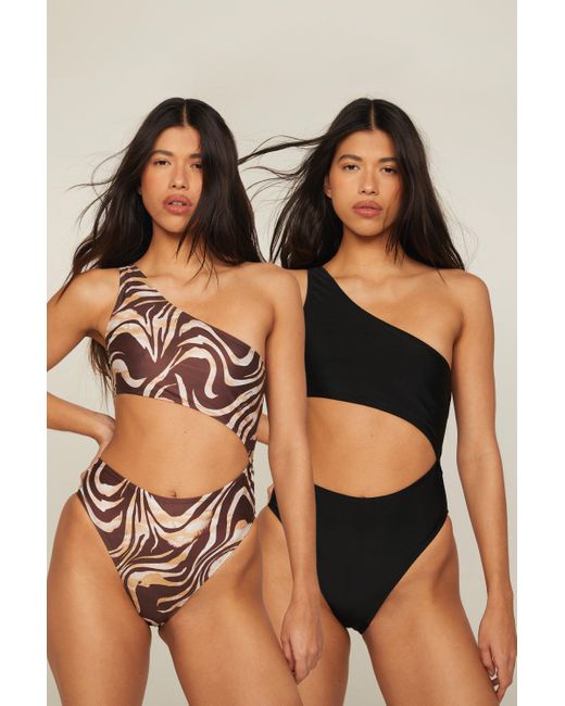 Nasty Gal Brown Basic 2 Pack Zebra One Shoulder Cut Out Swimsuits