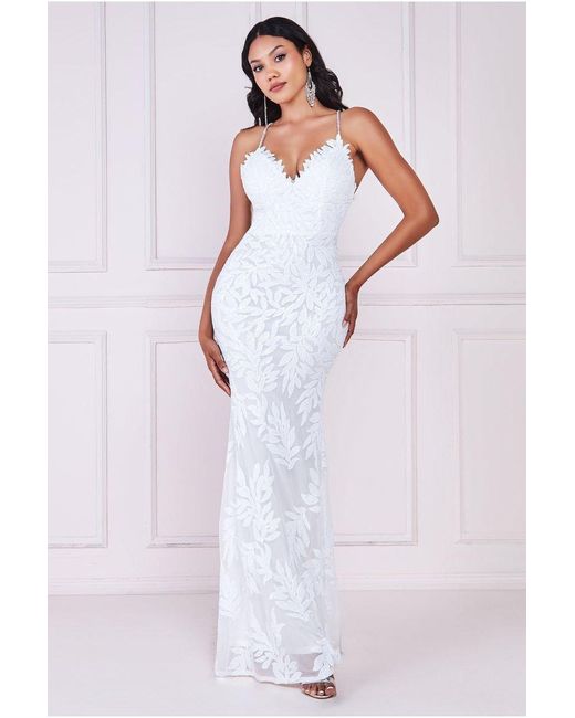 Goddiva White Cross Back Diamante Strap Sequin Maxi