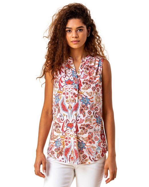 Roman Red Paisley Floral Print Sleeveless Top