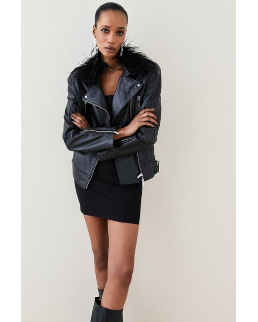 Karen Millen Black Leather Feather Collar Oversize Biker Jacket