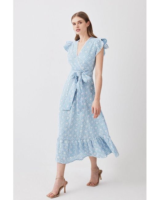 Karen Millen Blue Broderie Cotton V Neck Wrap Maxi Dress
