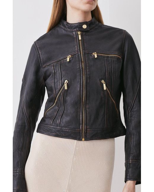 Karen Millen Black Washed Leather Collarless Jacket