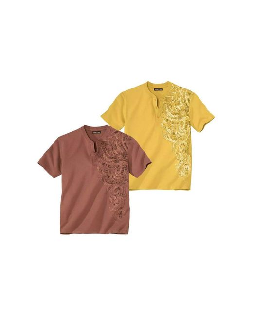 Atlas For Men Yellow Printed Henley T-shirt Pack Of 2 for men