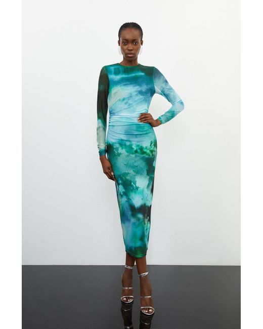 Karen Millen Green Storm Printed Mesh Jersey Maxi Dress