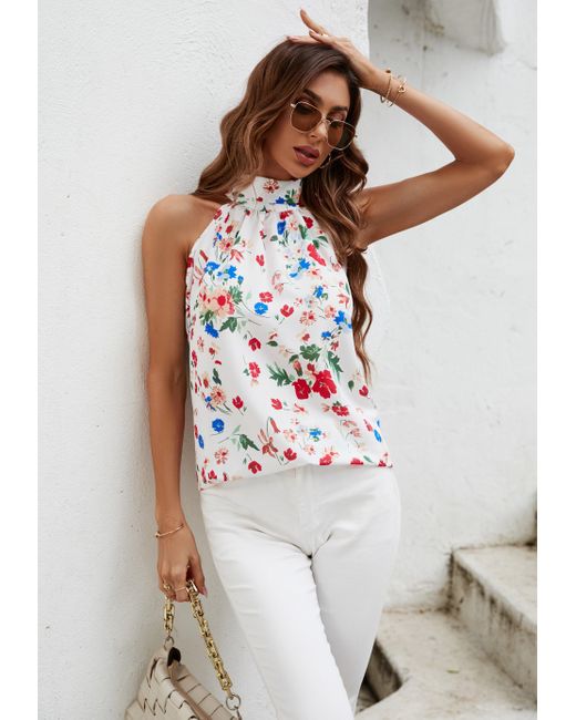 FS Collection Multicolour Floral Print Halter Neck Tie Back Top In White