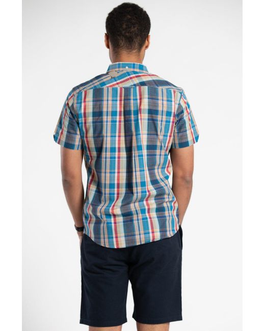 Tokyo Laundry Blue Cotton Check Short-sleeve Shirt for men