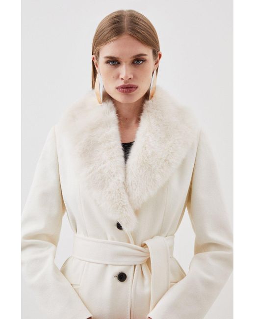 Karen Millen Natural Italian Manteco Wool Blend Faux Fur Collar Belted Coat