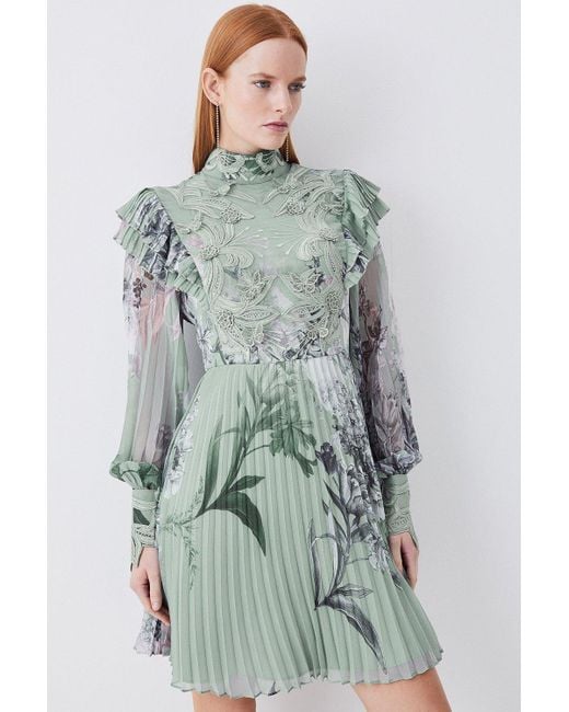 Karen Millen Green Lydia Millen Floral Applique Lace Pleated Mini Dress