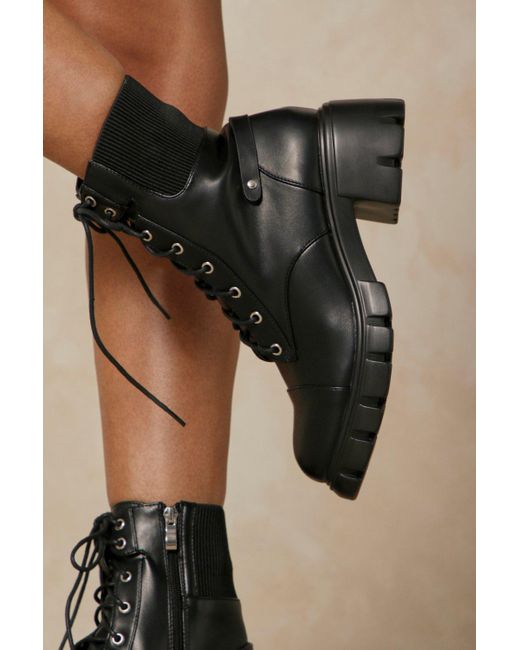 MissPap Black Ribbed Detail Lace Up Ankle Boots