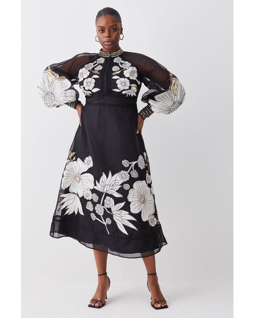 Karen Millen Black Plus Organdie Applique Buttoned Woven Midi Dress