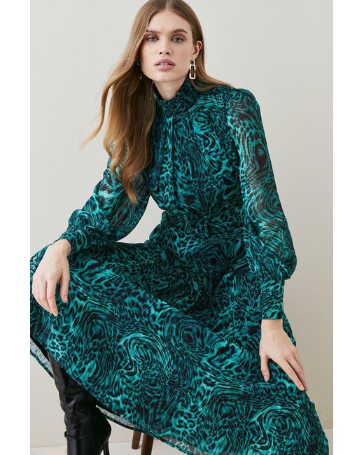 Karen Millen Green Animal Georgette Belted Pleated Woven Midi Dress