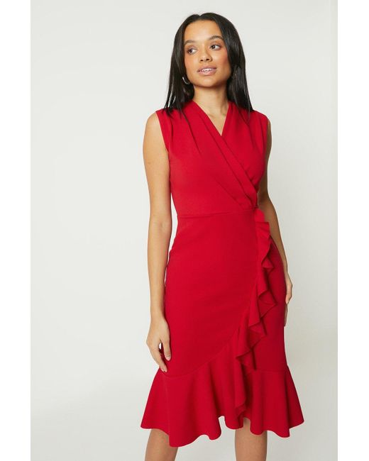 Debut London Red Ruffle Crepe Midi Dress