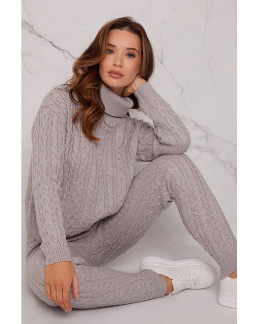 Chi Chi London Gray Roll Neck Cable Knit Loungewear Set