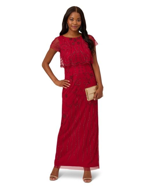 Adrianna Papell Red Beaded Mesh Gown