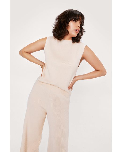 Nasty Gal Natural Knitted Sweater Vest And Wide Leg Pants Set
