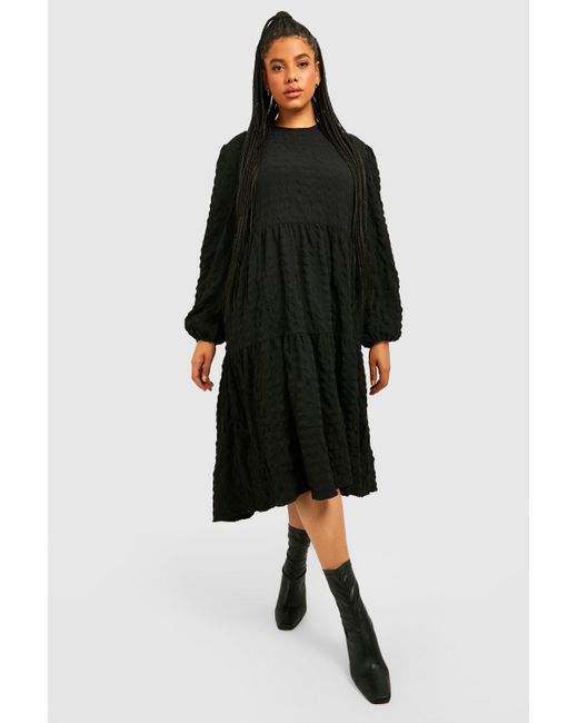 Boohoo Black Plus Textured Long Sleeve Midi Smock Dress