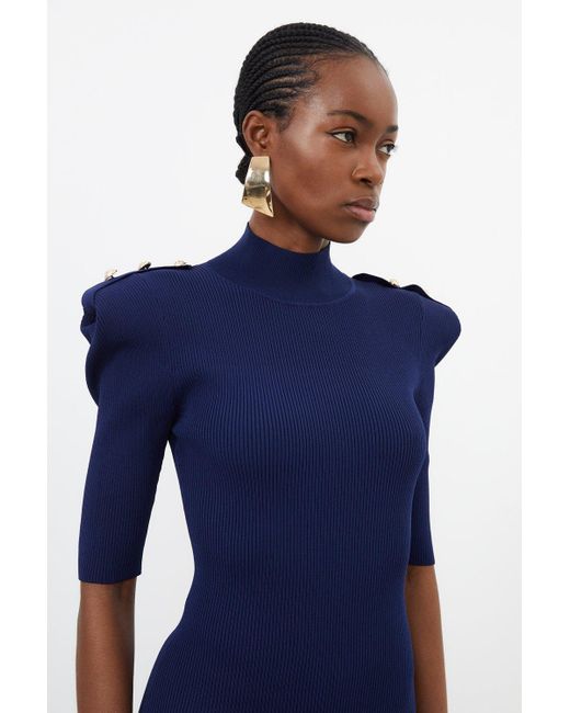 Karen Millen Blue Viscose Blend Rib Knit Power Shoulder Midaxi Dress
