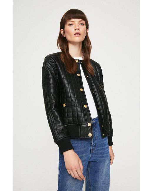 Warehouse Black Faux Leather Collarless Quilted Jacket