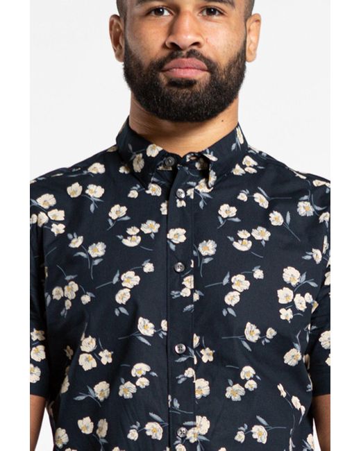 French Connection Blue Cotton Short Sleeve Floral Shirt for men