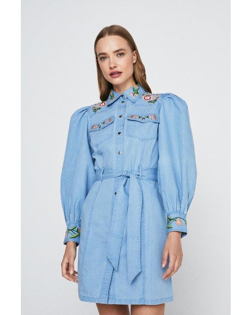 Warehouse Blue Denim Embroidered Western Belted Mini Dress