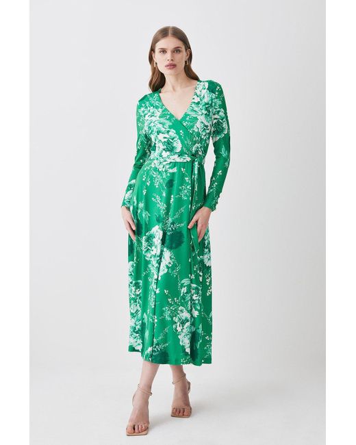 Karen Millen Green Floral Print Wrap Jersey Midi Dress