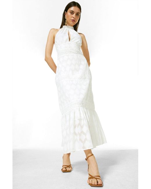 Karen Millen White Textured Trimmed Woven Halter Dress