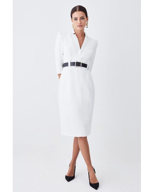 Karen Millen White Petite Compact Stretch Belted Forever Belted Midi Dress