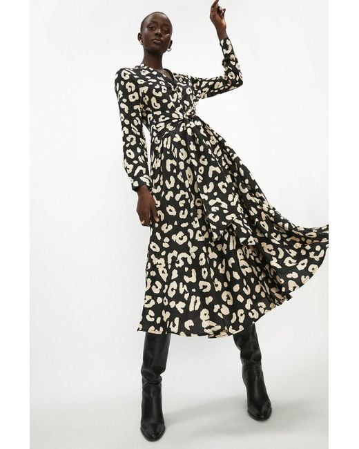 Coast Black Midi Print Wrap Dress With Bow Detail