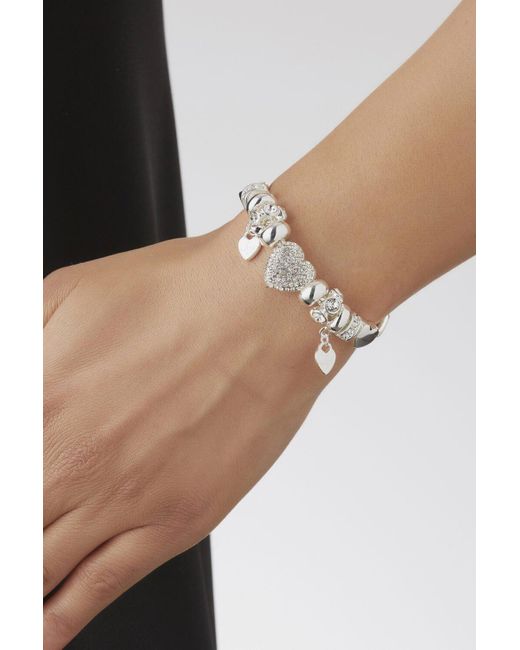 Lipsy Black Silver Pave Crystal Heart Charm Bracelet - Gift Boxed