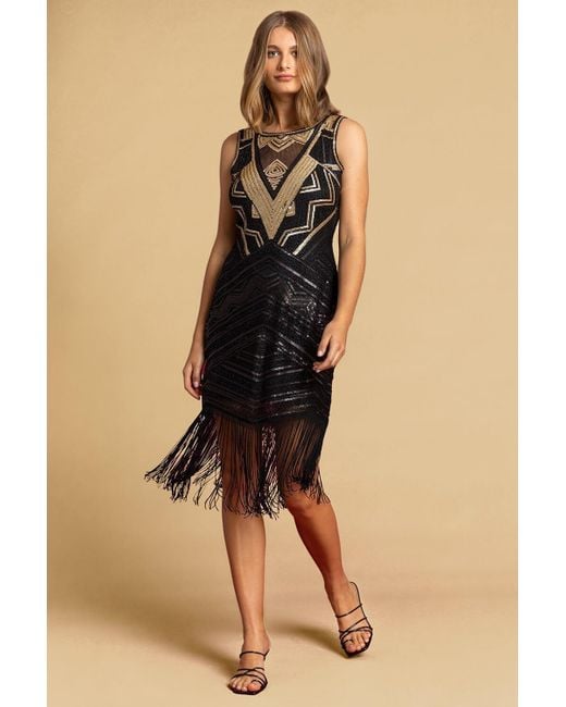 Roman Black Sequin Fringe Hem Flapper Dress