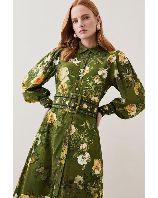 Karen Millen Green Lydia Millen Tall Floral Belted Woven Midi Shirt Dress