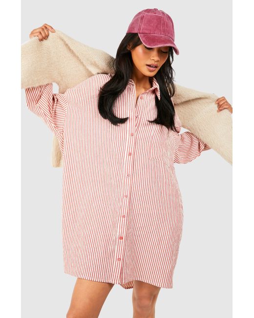 Boohoo Pink Seersucker Stripe Ultimate Oversized Shirt Dress