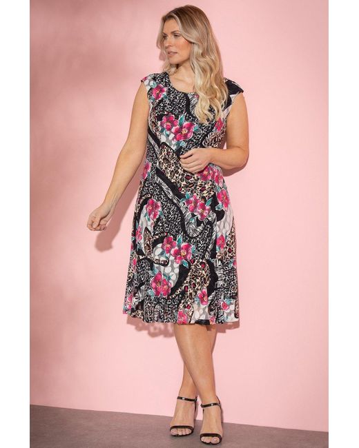 Klass Pink Animal And Floral Printed Lace Mesh Dress