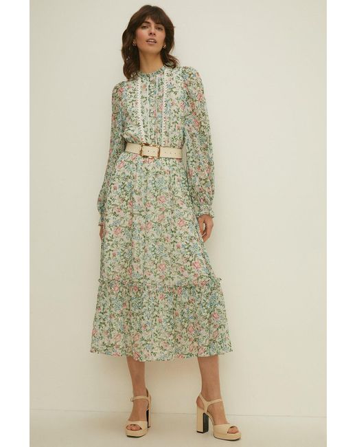 Oasis Green Lace Trim Floral Chiffon Midi Dress