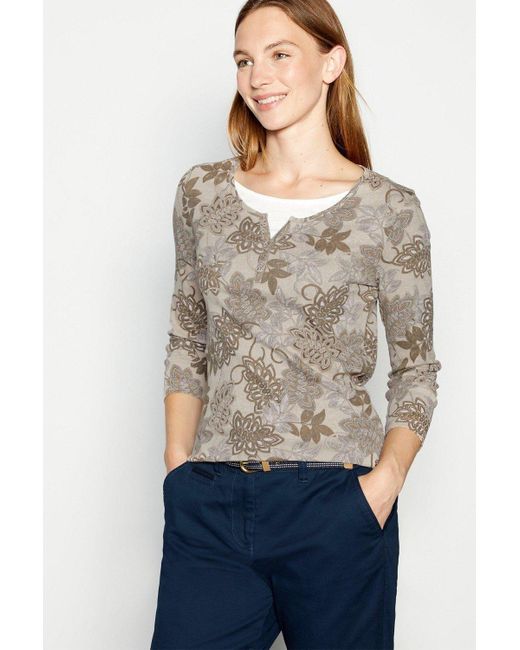 MAINE Gray Large Floral Mock Notch Neck Top