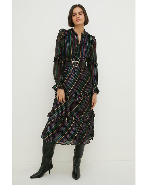 Oasis Black Colourful Metallic Stripe Ruffle Midi Dress