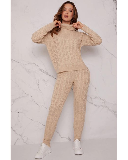 Chi Chi London Natural Roll Neck Cable Knit Loungewear Set