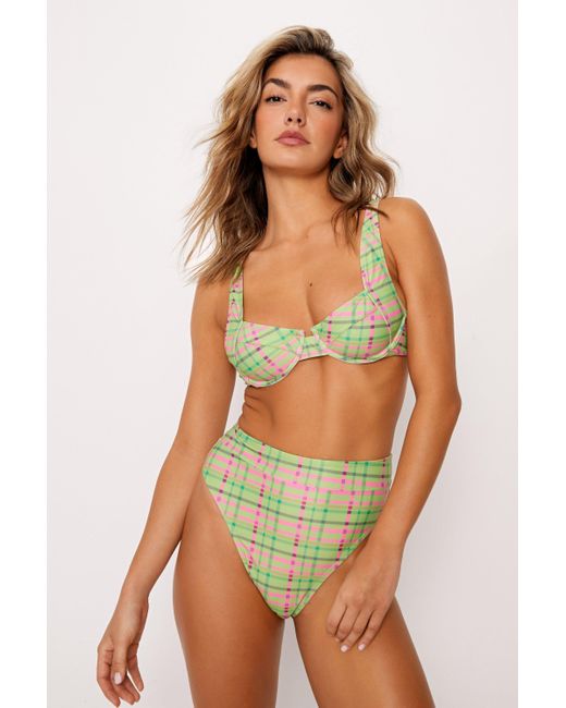 Nasty Gal Green Recycled Plaid Underwire High Waisted Bikini Set