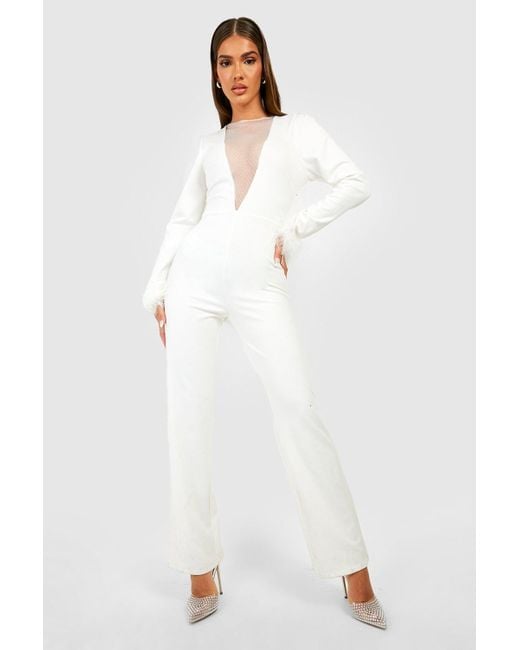 Boohoo White Feather Cuff Plunge Jumpsuit