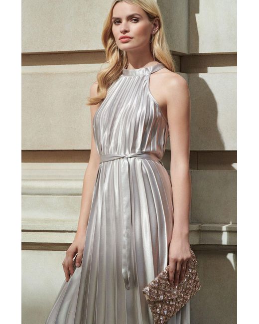 Wallis Metallic High Shine Silver Satin Pleated Midi Dress