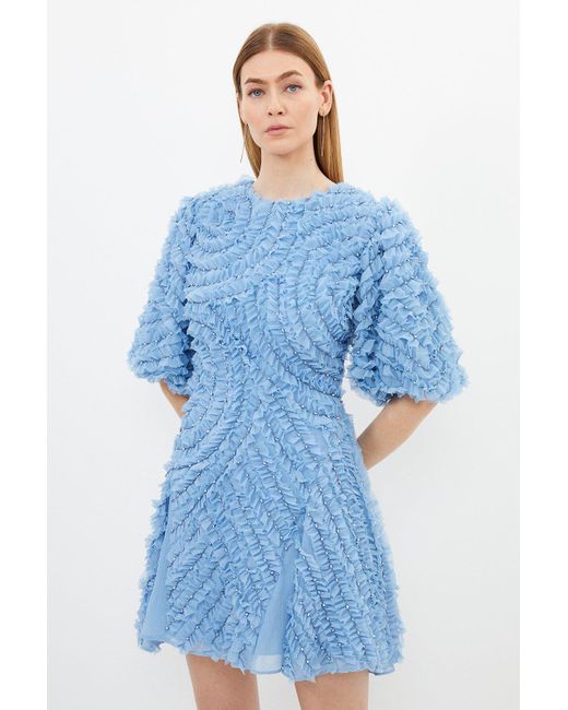 Karen Millen Blue Embellished Ruffle Puff Sleeve Woven Mini Dress